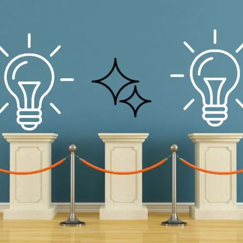 pedestals with inspiration symbols in a museum