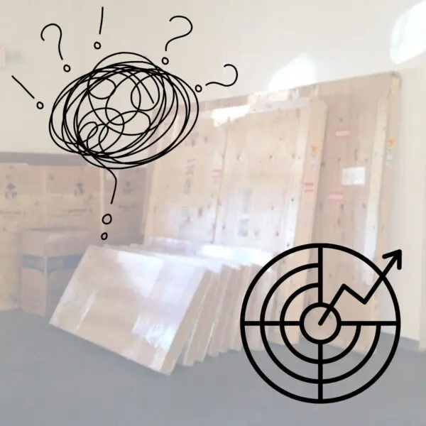 Chaos and calm icons over art shipping crates
