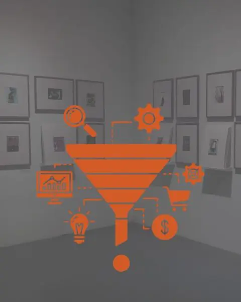 Sales funnel graphic over a gallery wall