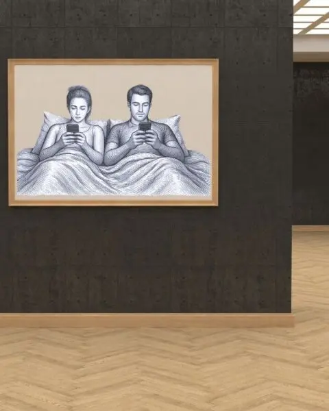 drawing in an art gallery of couple scrolling on phones