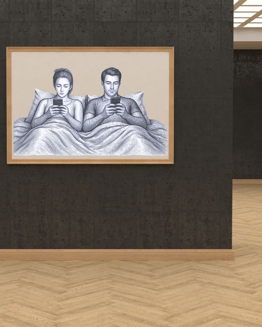Drawing in a gallery of a couple in bed scrolling